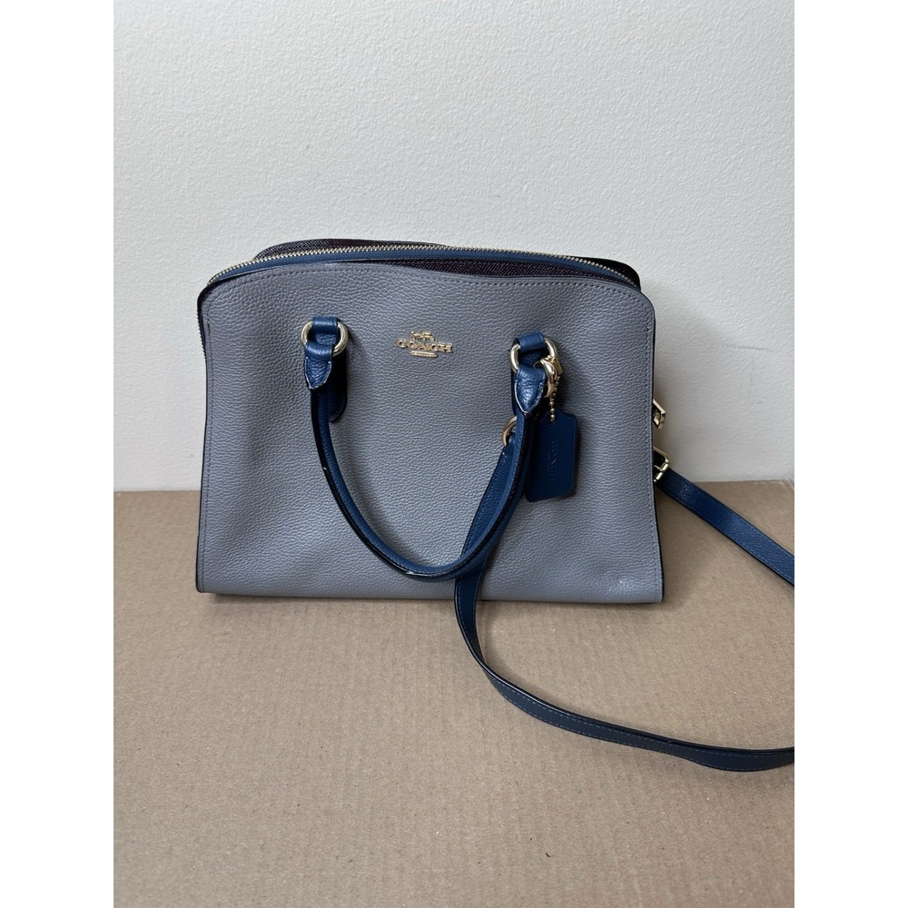 Coach Tatum Carryall Bag Gray Navy Blue Leather Tote Crossbody Handbag